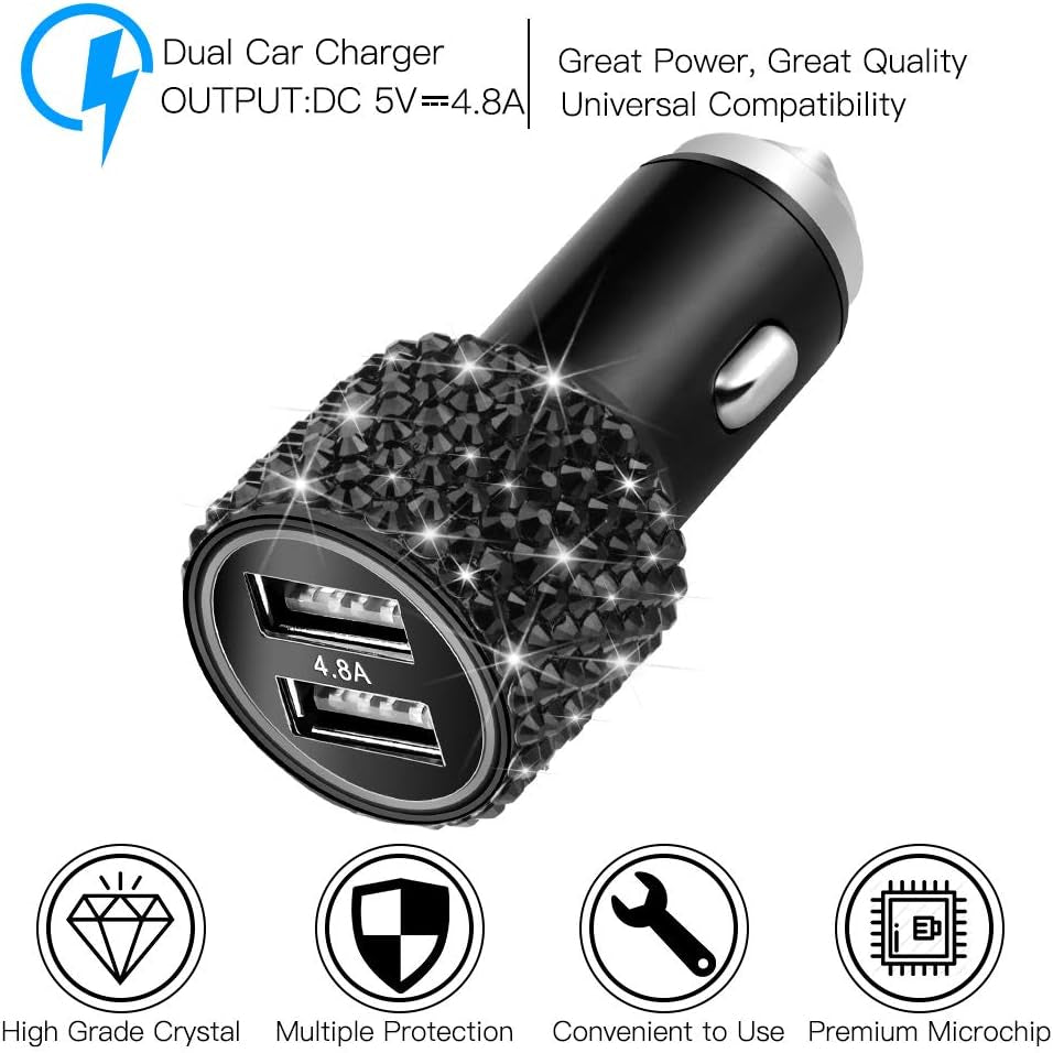 Dual USB Car Charger, 4.8A Output, Bling Crystal Diamond Car Decorations Accessories Fast Charging Adapter for Iphones Android Ios, Samsung Galaxy, LG, Nexus, HTC (Black)