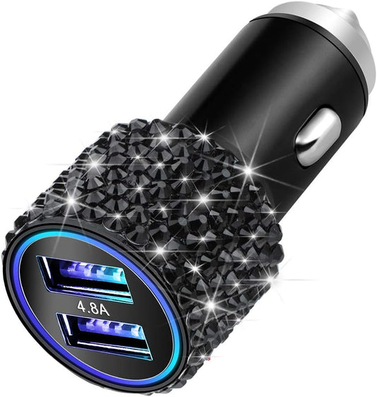 Dual USB Car Charger, 4.8A Output, Bling Crystal Diamond Car Decorations Accessories Fast Charging Adapter for Iphones Android Ios, Samsung Galaxy, LG, Nexus, HTC (Black)