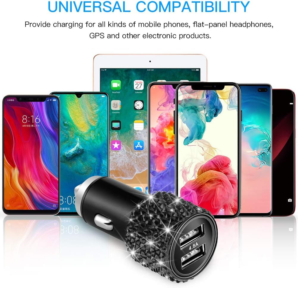 Dual USB Car Charger, 4.8A Output, Bling Crystal Diamond Car Decorations Accessories Fast Charging Adapter for Iphones Android Ios, Samsung Galaxy, LG, Nexus, HTC (Black)