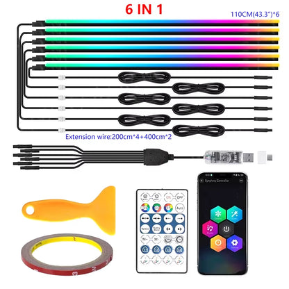 10/6/4/2/1 in 1 Car Full RGB LED Ambient Rainbow Light Strip/ USB Dream Symphon Music Atmosphere Lamp with App Remote Control