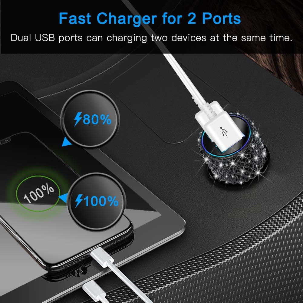 Dual USB Car Charger, 4.8A Output, Bling Crystal Diamond Car Decorations Accessories Fast Charging Adapter for Iphones Android Ios, Samsung Galaxy, LG, Nexus, HTC (Black)