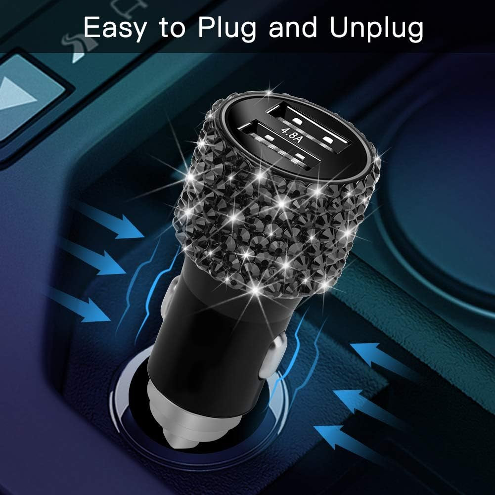 Dual USB Car Charger, 4.8A Output, Bling Crystal Diamond Car Decorations Accessories Fast Charging Adapter for Iphones Android Ios, Samsung Galaxy, LG, Nexus, HTC (Black)