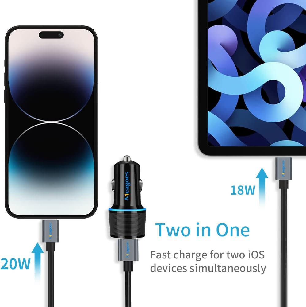 Fast USB C Car Charger,  20W PD Rapid Charging Adapter Compatible for Apple Iphone 14 Pro Max/14 Pro/14 Plus/14/13/12/Mini/11/Xs/Xr/X/8 Plus/Se 3-3.3Ft Mfi Certified Type C to Lightning Cable